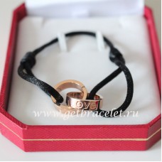 Гривна Cartier с двоен пръстен Love от розово злато и черно въже