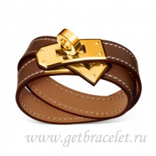 Гривна Hermes Rivale Double Wrap кафява със злато