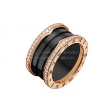 Пръстен Bvlgari B.zero1 с 4 ленти, розово злато и черна керамика с диаманти по краищата