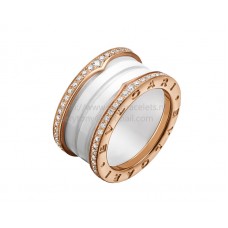 Пръстен Bvlgari B.zero1 с 4 ленти, розово злато и бяла керамика с диаманти по краищата