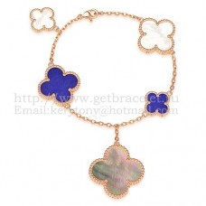 Гривна Van Cleef Arpels Magic Alhambra с 5 мотива, розово злато с бяло-сив лапис седеф
