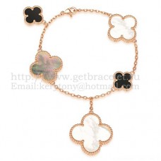 Гривна Van Cleef Arpels Magic Alhambra с 5 мотива, розово злато с бяло, сиво, седеф, черен ахат