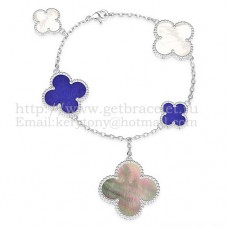 Гривна Van Cleef Arpels Magic Alhambra с 5 мотива, бяло злато с бяло-сив лапис седеф