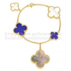 Гривна Van Cleef Arpels Magic Alhambra с 5 мотива, жълто злато с бяло-сив лапис седеф