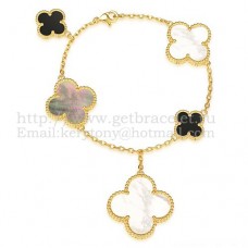 Гривна Van Cleef Arpels Magic Alhambra с 5 мотива, жълто злато с бяло, сиво, седеф, черен ахат