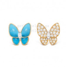 Обеци Van Cleef Arpels с две пеперуди, жълто злато, диаманти и тюркоаз