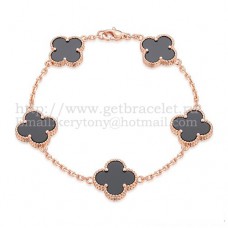 Гривна Van Cleef Arpels Alhambra с 5 мотива, розово злато с черен ахат и седеф