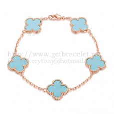 Гривна Van Cleef Arpels Alhambra с 5 мотива, розово злато с тюркоазена седеф