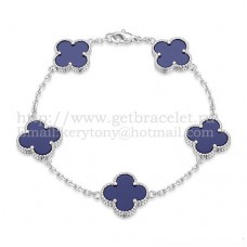 Гривна Van Cleef Arpels Alhambra с 5 мотива, бяло злато с лапис и седеф