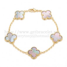 Гривна Van Cleef Arpels Alhambra с 5 мотива, жълто злато със сив седеф