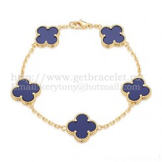 Гривна Van Cleef Arpels Alhambra с 5 мотива, жълто злато и лапис, перла