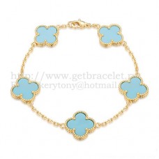Гривна Van Cleef Arpels Alhambra с 5 мотива, жълто злато с тюркоаз и седеф