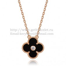 Висулка Van Cleef Arpels Alhambra от розово злато с черен ахат и седеф, кръгли диаманти